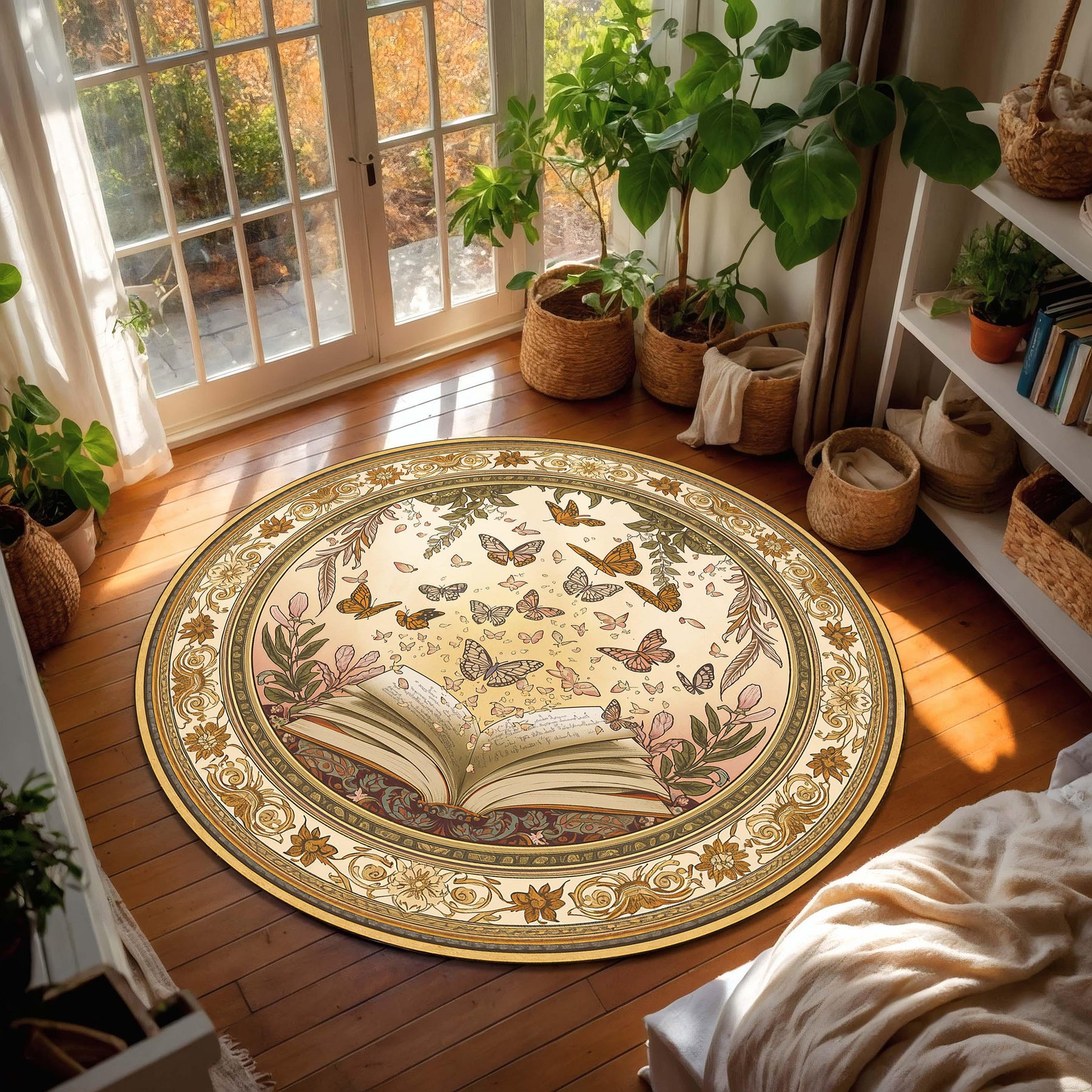 Butterfly Book Round Rug – Vintage Boho Reading Nook Carpet, Floral Botanical Circle Area Mat for Bedroom Living Room, Cozy Librarian Gift