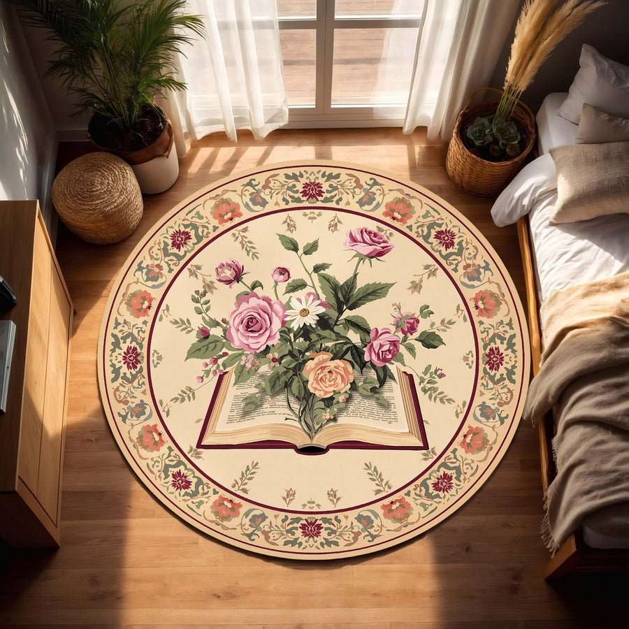 Round Floral Rug with Open Book and Roses, Vintage Cottagecore Area Carpet for Living Room Bedroom or Reading Nook, Boho Botanical Decor