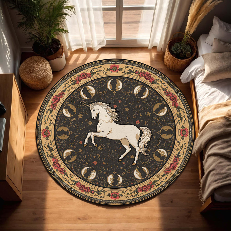 Vintage Floral Unicorn Moon Phases Round Rug, Celestial Boho Area Carpet, Mystical Floral Circle Mat for Living Room Bedroom Nursery Decor