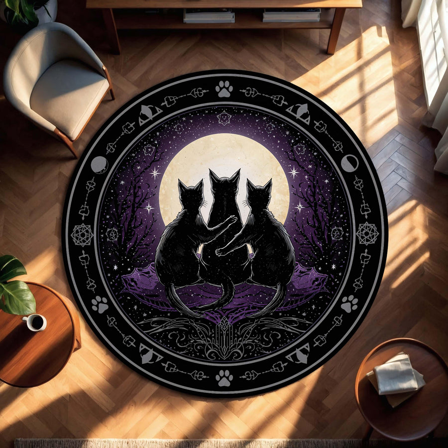 Moonlit Black Cats Round Rug – Witchy Celestial Purple Carpet for Living Room & Bedroom, Gothic Boho Decor, Occult Cat Lover Gift Idea