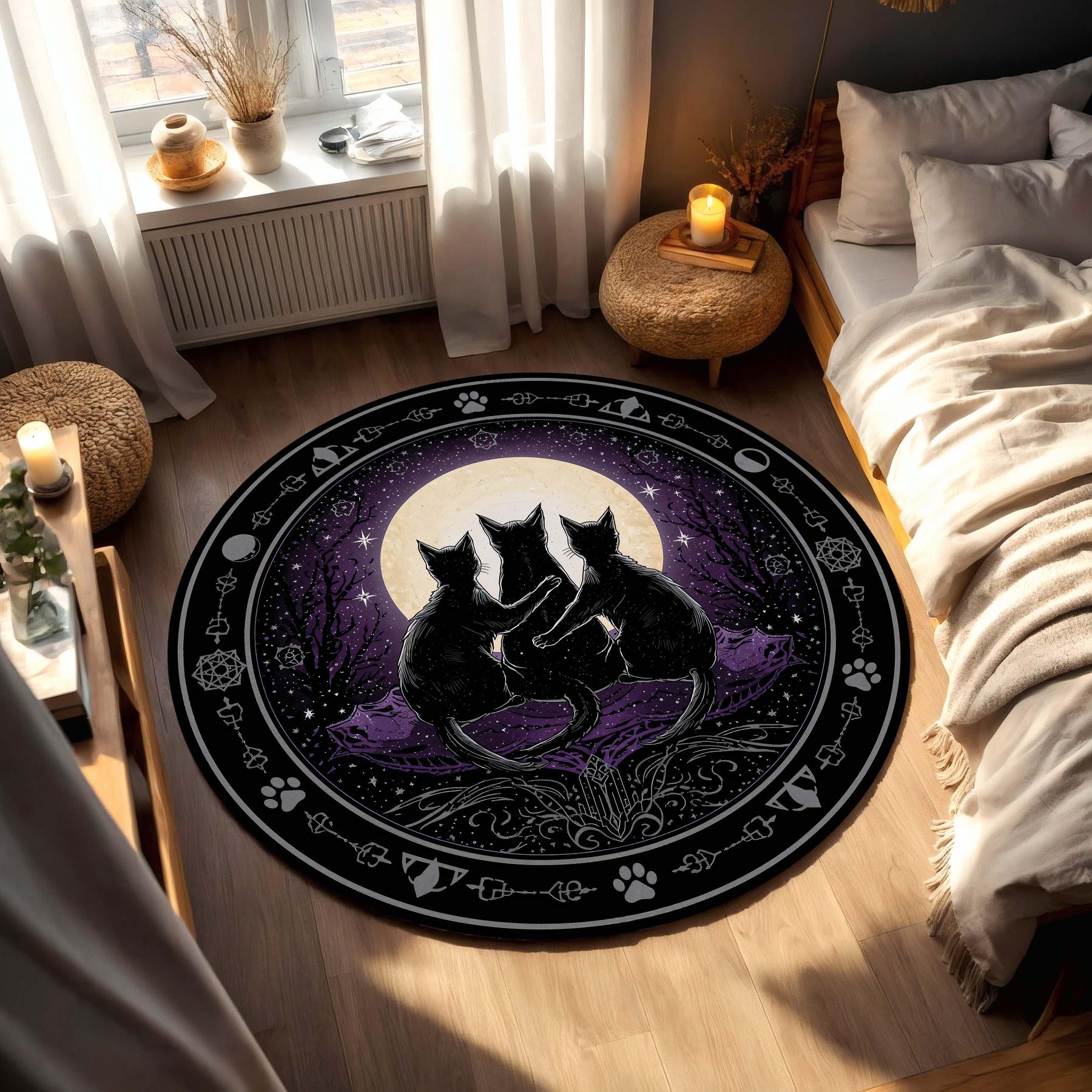 Moonlit Black Cats Round Rug – Witchy Celestial Purple Carpet for Living Room & Bedroom, Gothic Boho Decor, Occult Cat Lover Gift Idea