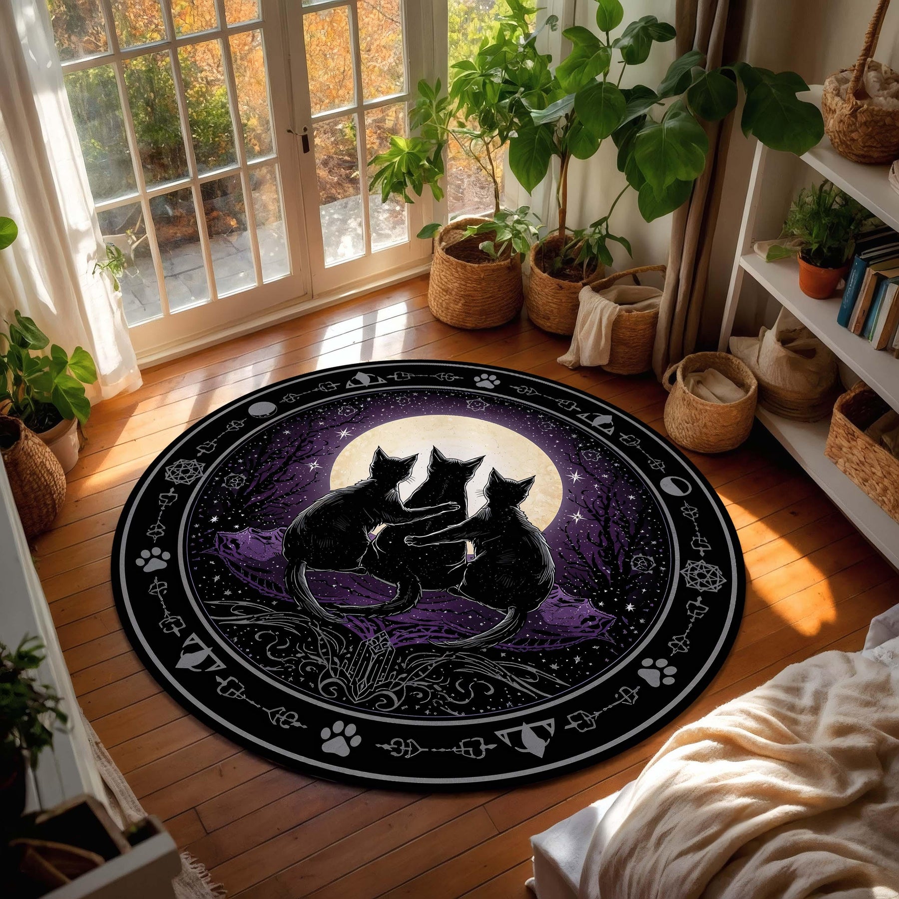 Moonlit Black Cats Round Rug – Witchy Celestial Purple Carpet for Living Room & Bedroom, Gothic Boho Decor, Occult Cat Lover Gift Idea