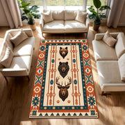 Southwestern Bear Deer Wolf Area Rug, Rustic Cabin Lodge Carpet, Tribal Geometric Boho, Terracotta Teal Cream Rug for Living Room Bedroom
