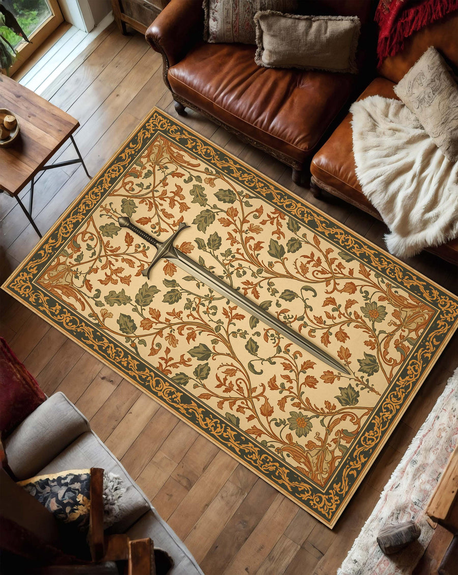 Medieval Sword Floral Area Rug, William Morris Inspired Vintage Tapestry Carpet, Boho Cottagecore Living Room Bedroom Decor, Cream Sage Gold