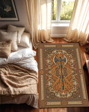 Fantasy Axe Rug, Viking Medieval Carpet with Dwarven Runes, Ornate Orange Vintage Style Area Rug for Living Room Gamer Den Cabin Decor