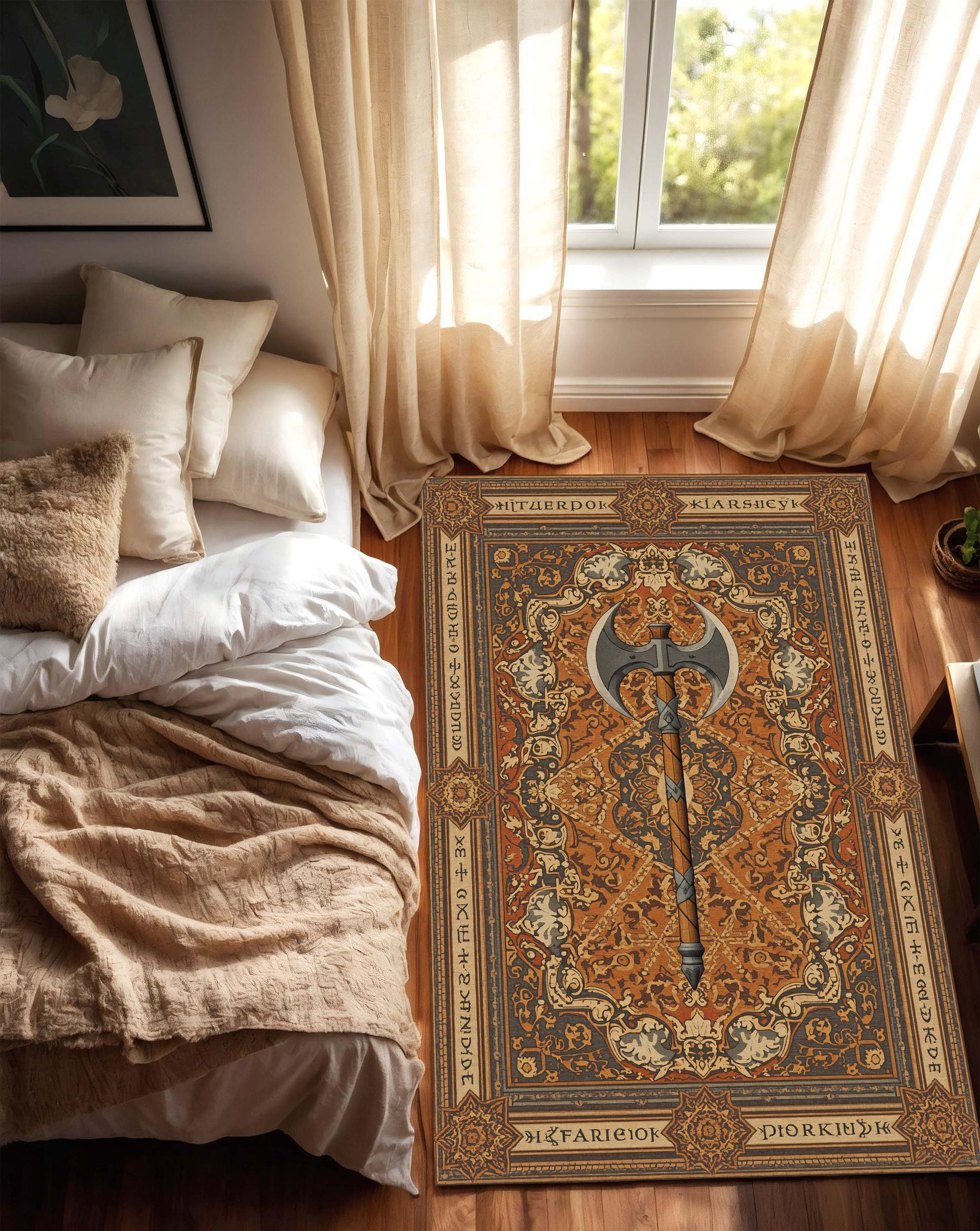 Fantasy Axe Rug, Viking Medieval Carpet with Dwarven Runes, Ornate Orange Vintage Style Area Rug for Living Room Gamer Den Cabin Decor