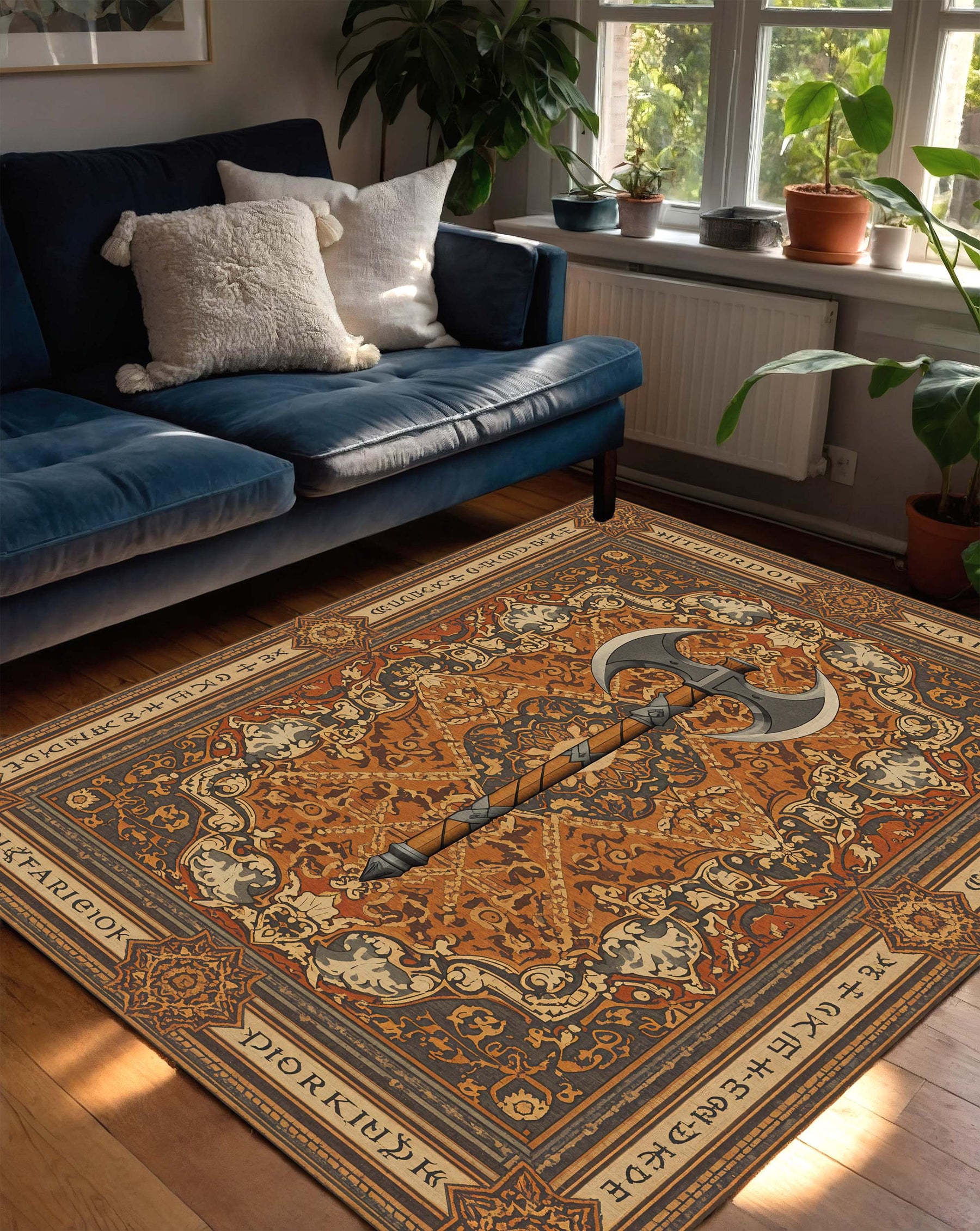 Fantasy Axe Rug, Viking Medieval Carpet with Dwarven Runes, Ornate Orange Vintage Style Area Rug for Living Room Gamer Den Cabin Decor