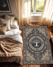 Tree of Life Navy Beige Area Rug, Vintage Boho Medallion Carpet, Ornate Mandala Design for Living Room Bedroom Farmhouse Decor, Medieval Rug
