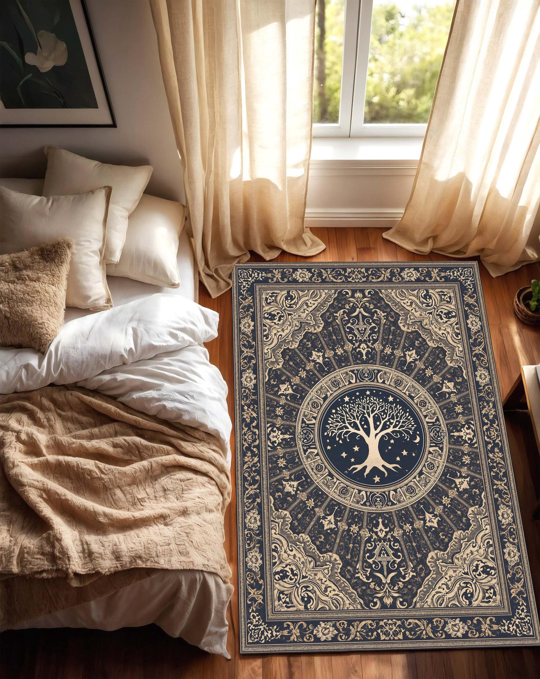 Tree of Life Navy Beige Area Rug, Vintage Boho Medallion Carpet, Ornate Mandala Design for Living Room Bedroom Farmhouse Decor, Medieval Rug