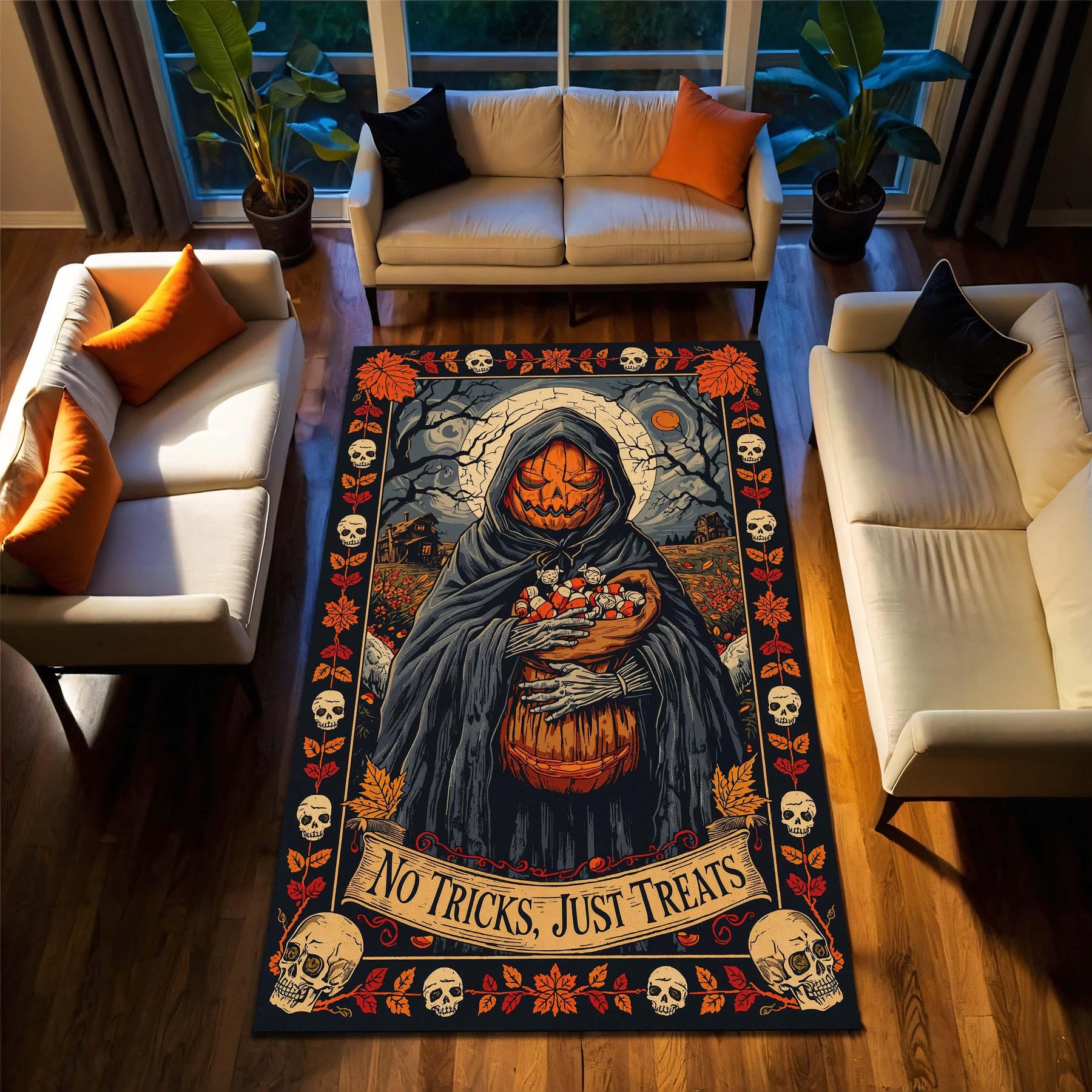 Halloween Pumpkin Reaper Area Rug for Living Room, Gothic Skull Fall Decor Carpet, Vintage Witchy Floor Mat, No Tricks Just Treats Design