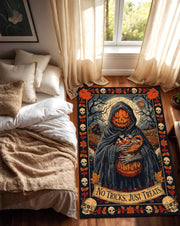 Halloween Pumpkin Reaper Area Rug for Living Room, Gothic Skull Fall Decor Carpet, Vintage Witchy Floor Mat, No Tricks Just Treats Design