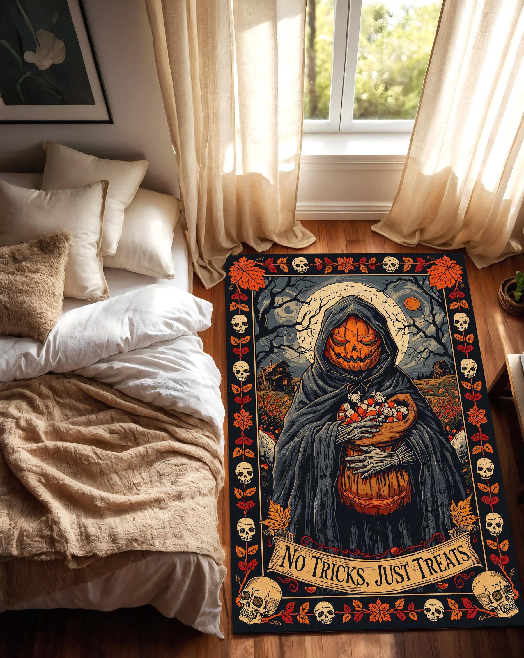 Halloween Pumpkin Reaper Area Rug for Living Room, Gothic Skull Fall Decor Carpet, Vintage Witchy Floor Mat, No Tricks Just Treats Design