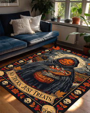 Halloween Pumpkin Reaper Area Rug for Living Room, Gothic Skull Fall Decor Carpet, Vintage Witchy Floor Mat, No Tricks Just Treats Design