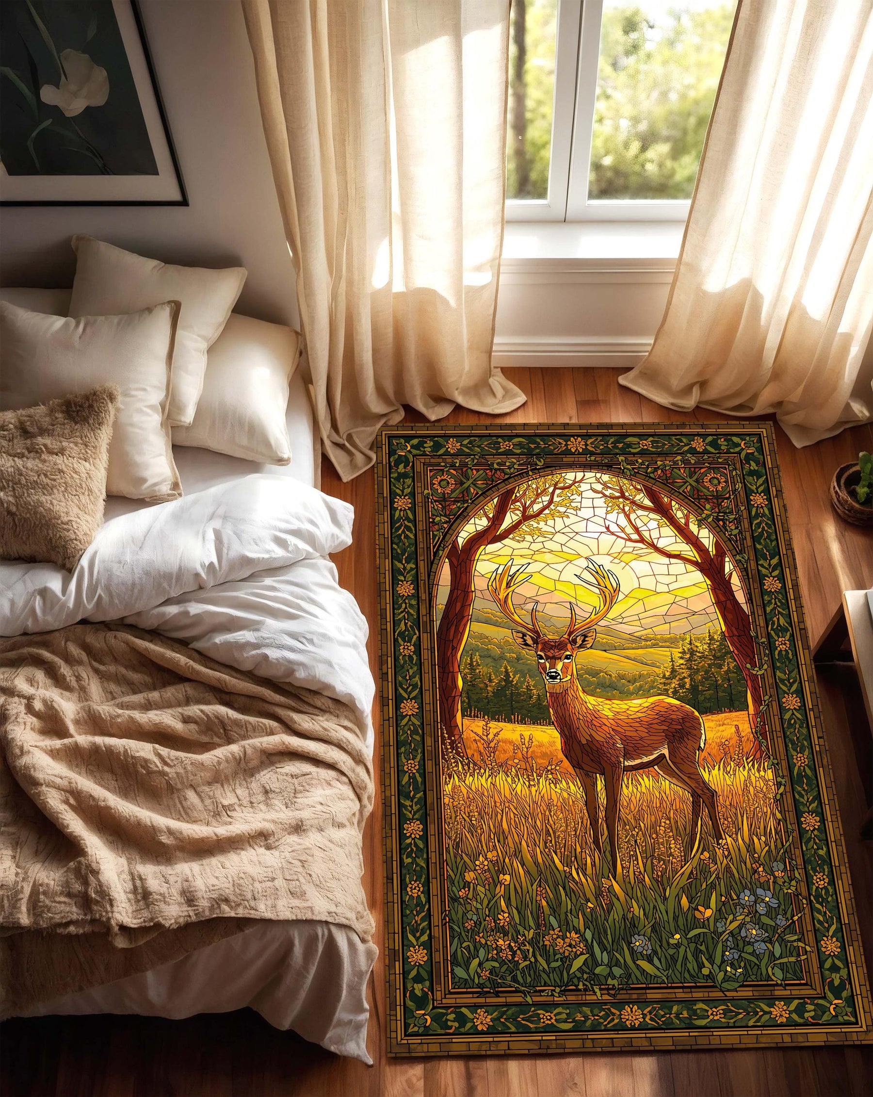Stained Glass Deer Area Rug – Woodland Sunlit Buck Carpet, Art Nouveau Nature Decor for Living Room and Bedroom, Cozy Cabin Rustic Boho