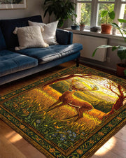 Stained Glass Deer Area Rug – Woodland Sunlit Buck Carpet, Art Nouveau Nature Decor for Living Room and Bedroom, Cozy Cabin Rustic Boho