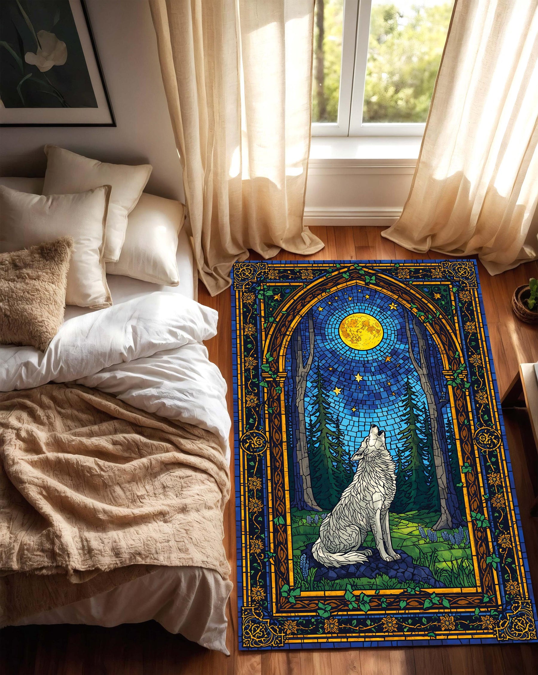 Stained Glass Wolf Rug Howling at the Moon, Forest Night Area Carpet, Boho Gothic Nature Decor, Mystic Art Rug for Living Room Bedroom Gift
