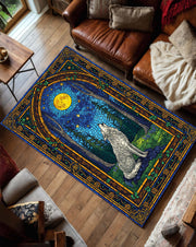 Stained Glass Wolf Rug Howling at the Moon, Forest Night Area Carpet, Boho Gothic Nature Decor, Mystic Art Rug for Living Room Bedroom Gift