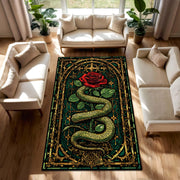 Gothic Snake and Rose Rug in Stained Glass Style, Dark Green Gold Red Area Carpet, Living Room Bedroom Decor, Witchy Boho Occult Aesthetic