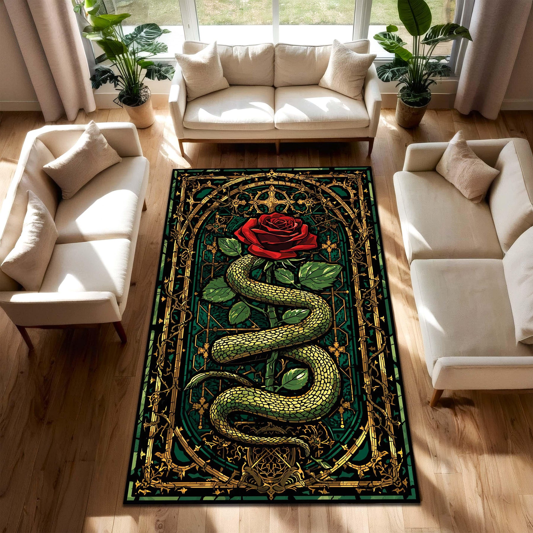 Gothic Snake and Rose Rug in Stained Glass Style, Dark Green Gold Red Area Carpet, Living Room Bedroom Decor, Witchy Boho Occult Aesthetic