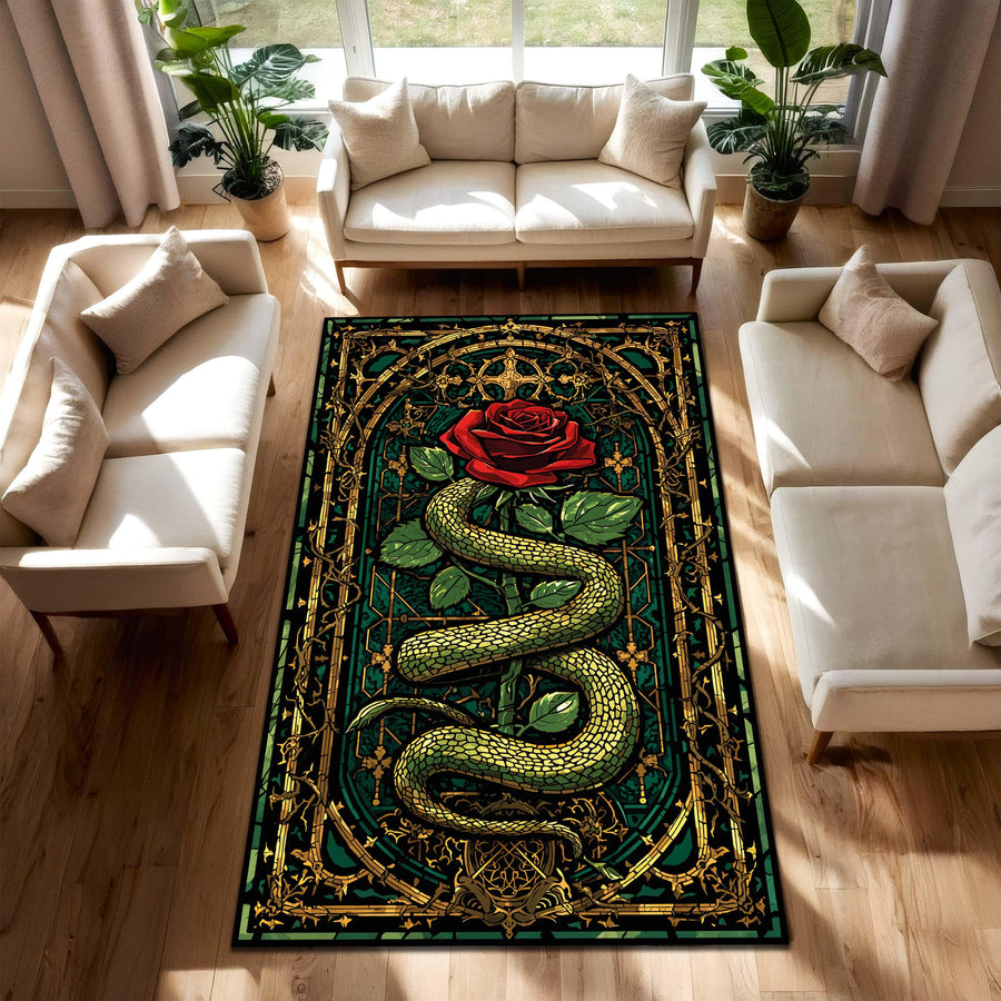 Gothic Snake and Rose Rug in Stained Glass Style, Dark Green Gold Red Area Carpet, Living Room Bedroom Decor, Witchy Boho Occult Aesthetic