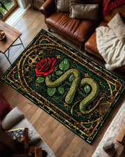 Gothic Snake and Rose Rug in Stained Glass Style, Dark Green Gold Red Area Carpet, Living Room Bedroom Decor, Witchy Boho Occult Aesthetic