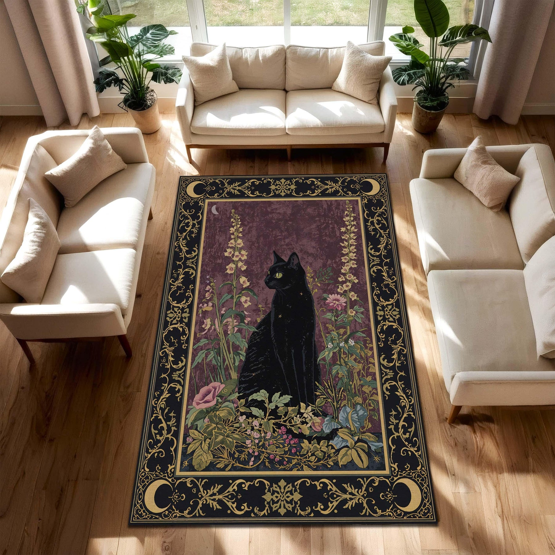 Black Cat Floral Rug, Witchy Celestial Area Rug, Gothic Botanical Decor, Moon Phase Carpet, Vintage Art Nouveau Mat for Living Room Bedroom