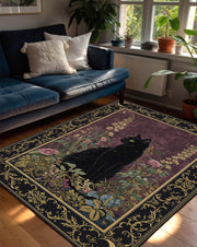 Black Cat Floral Rug, Witchy Celestial Area Rug, Gothic Botanical Decor, Moon Phase Carpet, Vintage Art Nouveau Mat for Living Room Bedroom