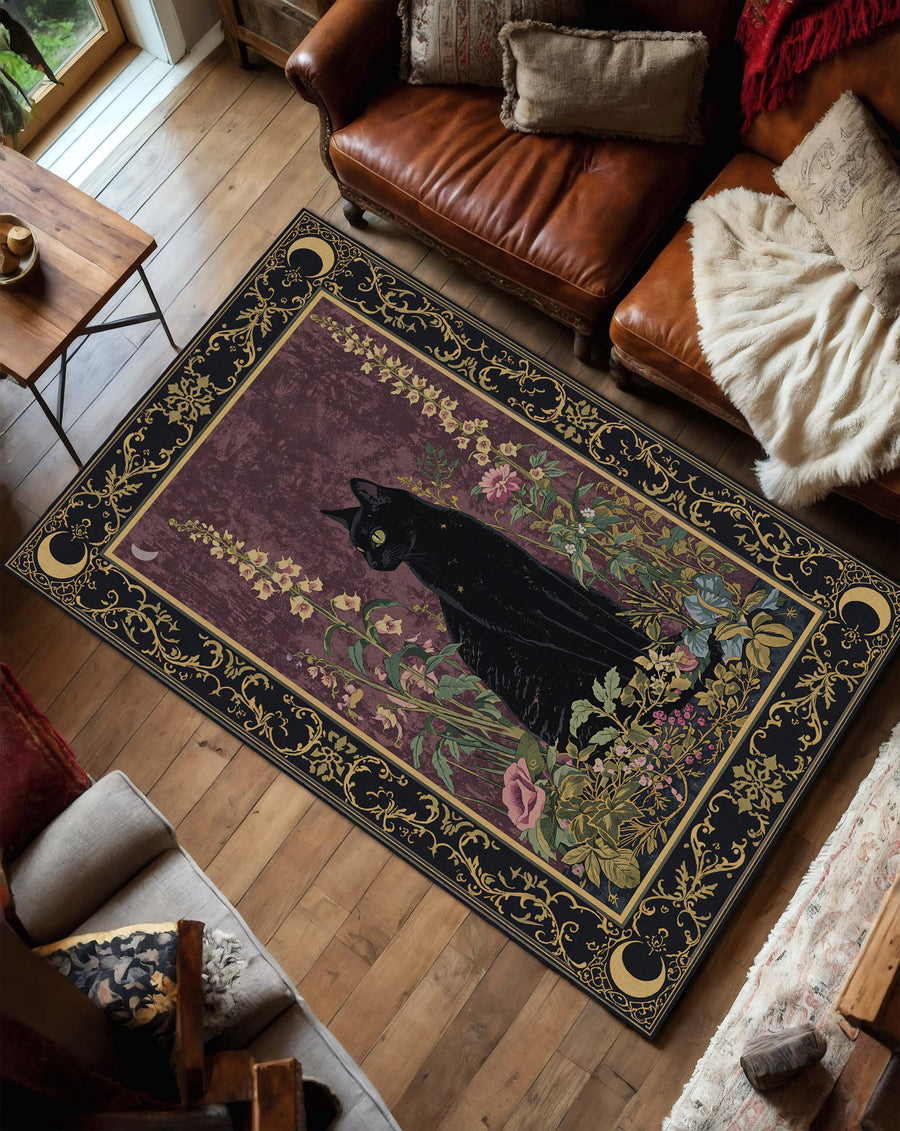 Black Cat Floral Rug, Witchy Celestial Area Rug, Gothic Botanical Decor, Moon Phase Carpet, Vintage Art Nouveau Mat for Living Room Bedroom