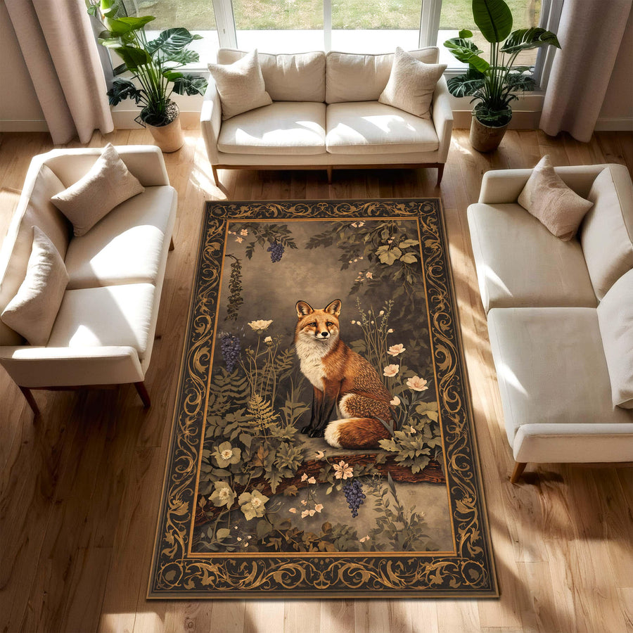 Fox Floral Area Rug, Vintage Woodland Art Nouveau Carpet, Rustic Cottagecore Botanical Decor, Cozy Living Room Bedroom Accent Area Rug