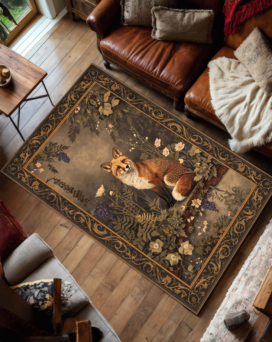 Fox Floral Area Rug, Vintage Woodland Art Nouveau Carpet, Rustic Cottagecore Botanical Decor, Cozy Living Room Bedroom Accent Area Rug