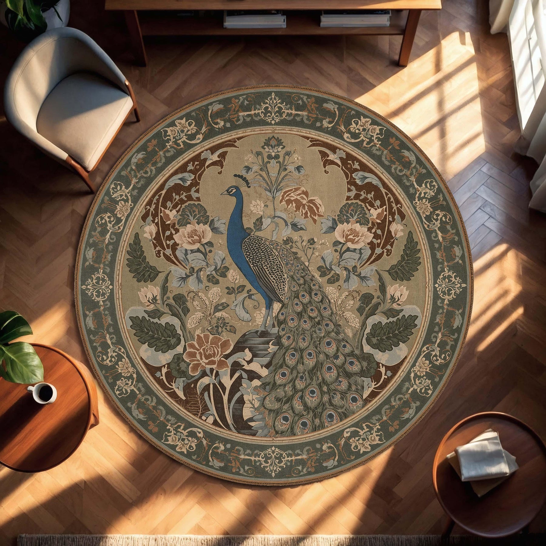 Peacock Round Rug, Vintage Botanical Art Nouveau Carpet, Boho Floral Circle Mat, Elegant Living Room Bedroom Decor, Teal Sage Blue Accent
