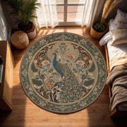Peacock Round Rug, Vintage Botanical Art Nouveau Carpet, Boho Floral Circle Mat, Elegant Living Room Bedroom Decor, Teal Sage Blue Accent