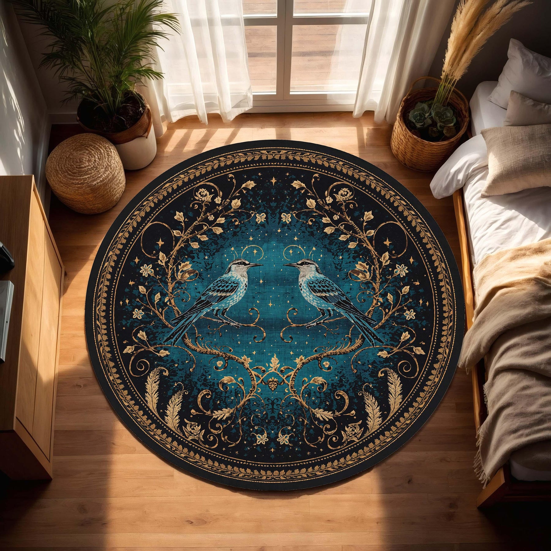 Celestial Birds Round Rug, Teal Gold Starry Mandala Carpet, Vintage Art Nouveau Boho Decor, Mystical Night Area Mat for Bedroom Living Room