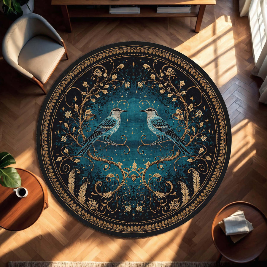 Celestial Birds Round Rug, Teal Gold Starry Mandala Carpet, Vintage Art Nouveau Boho Decor, Mystical Night Area Mat for Bedroom Living Room