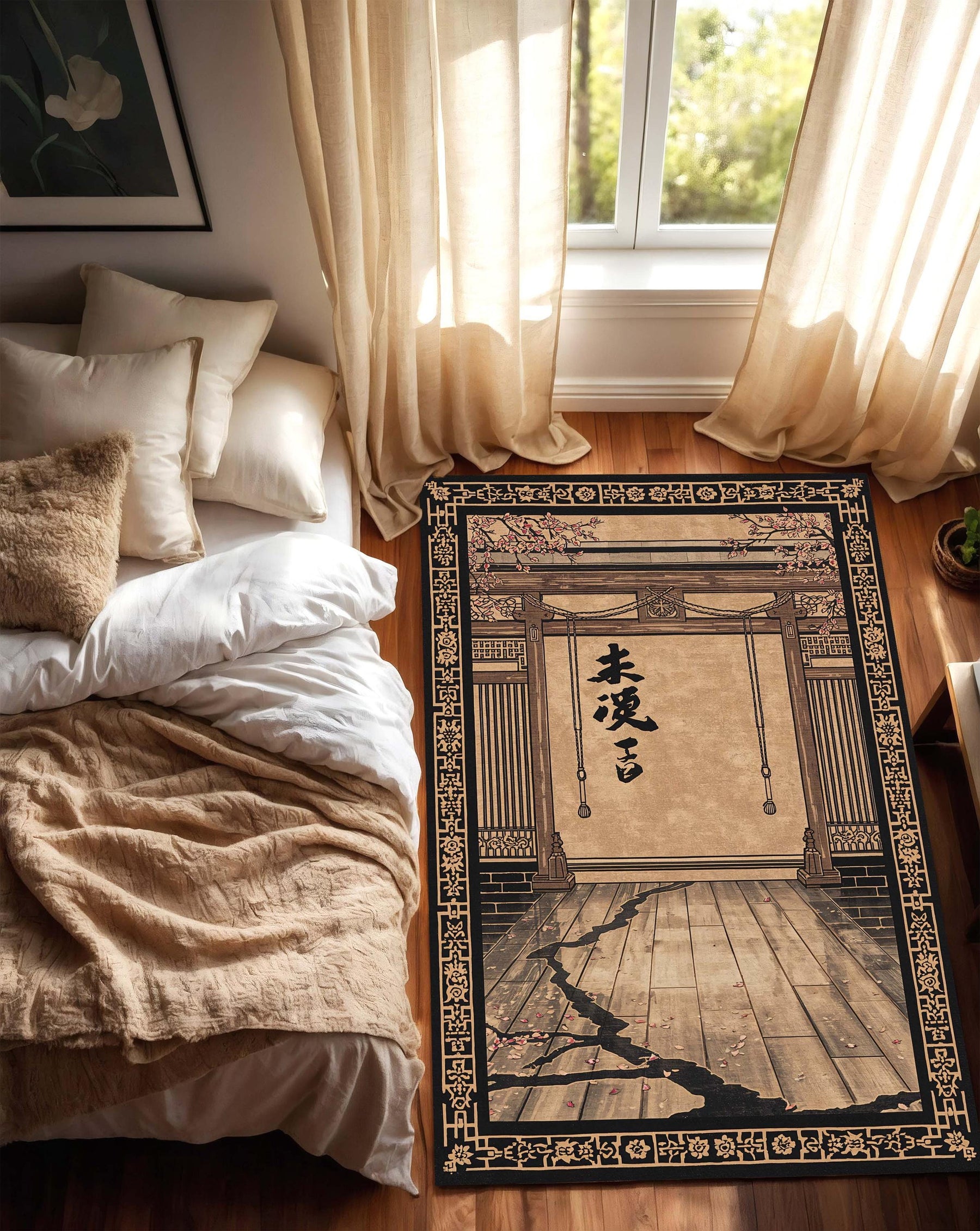 Zen Asian Calligraphy Area Rug, Vintage Japanese Temple Gate Carpet, Wabi Sabi Oriental Decor, Cherry Blossom Mat for Living Room Bedroom