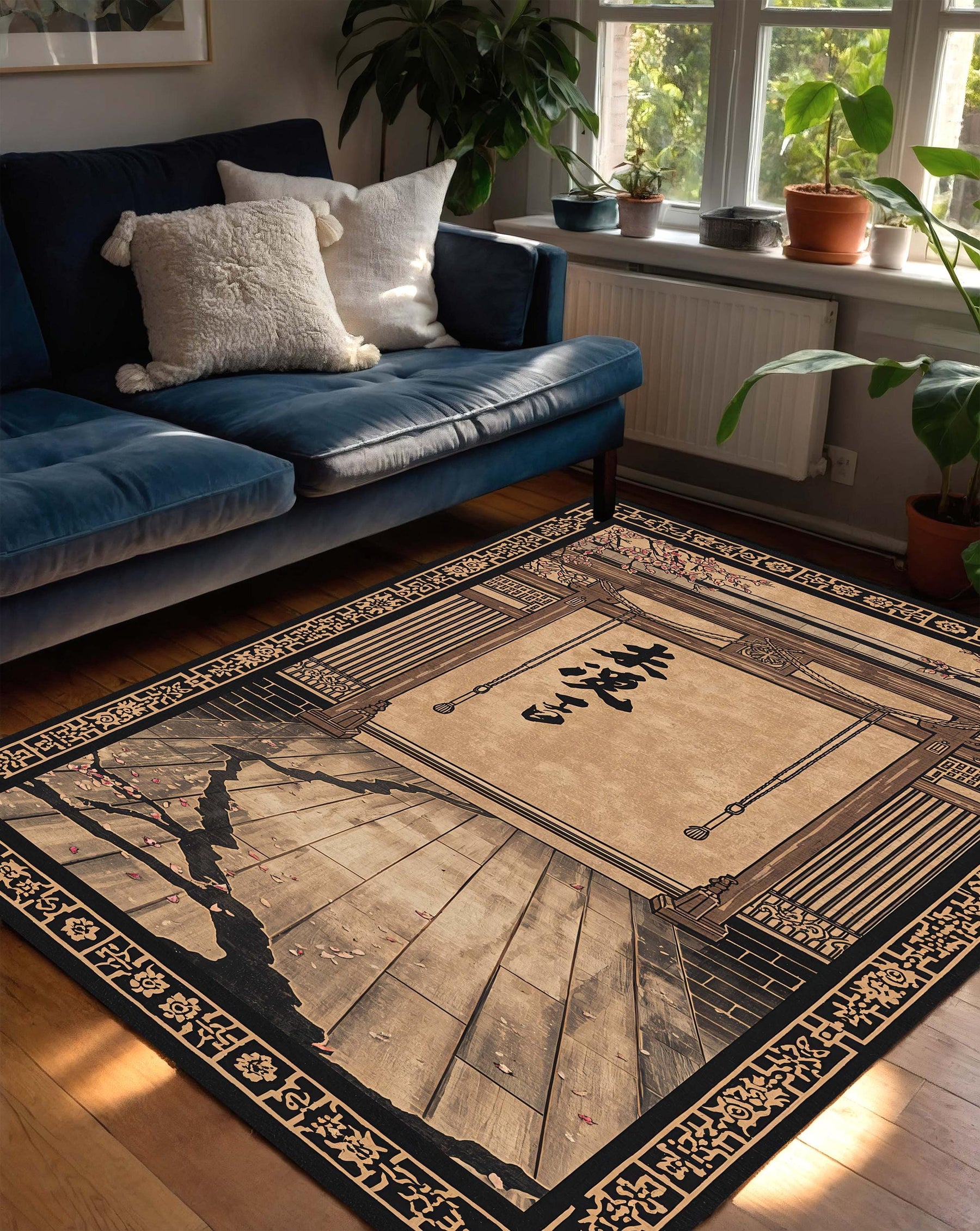 Zen Asian Calligraphy Area Rug, Vintage Japanese Temple Gate Carpet, Wabi Sabi Oriental Decor, Cherry Blossom Mat for Living Room Bedroom