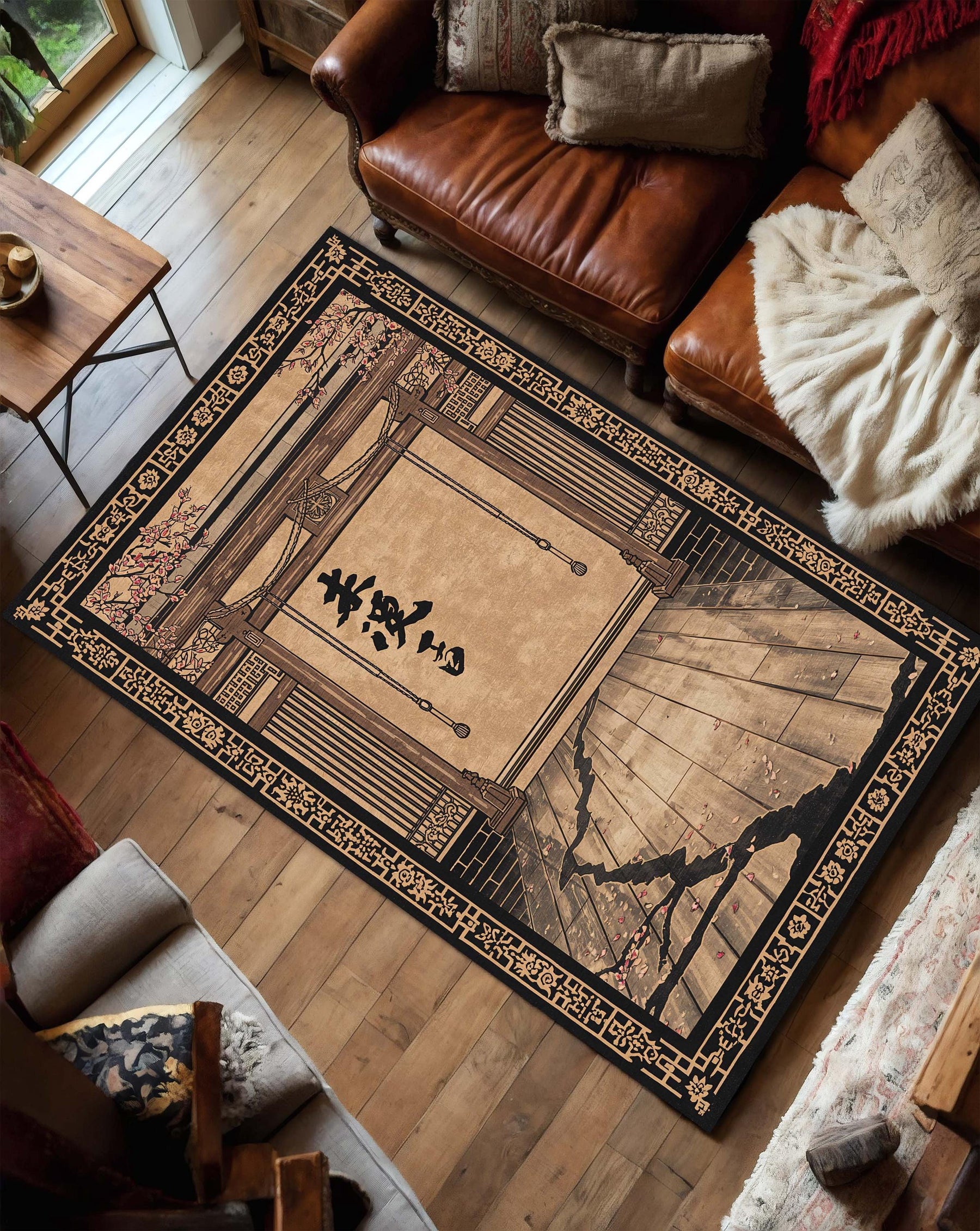 Zen Asian Calligraphy Area Rug, Vintage Japanese Temple Gate Carpet, Wabi Sabi Oriental Decor, Cherry Blossom Mat for Living Room Bedroom