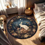Round Moonlit Rabbit Rug in Navy, Botanical Woodland Carpet with Mushrooms, Cottagecore Boho Nursery Decor, Lunar Bunny Witchy Floor Art