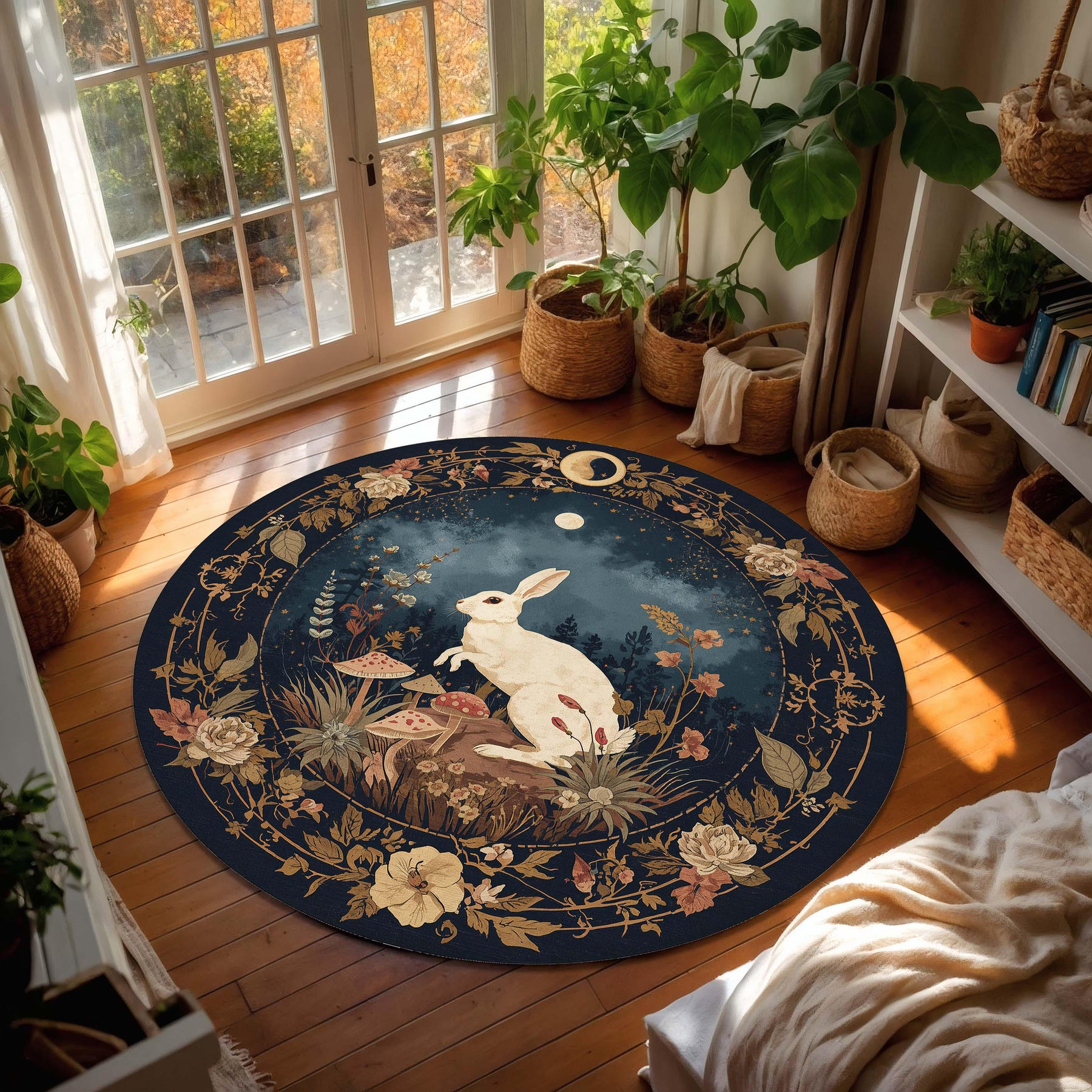 Round Moonlit Rabbit Rug in Navy, Botanical Woodland Carpet with Mushrooms, Cottagecore Boho Nursery Decor, Lunar Bunny Witchy Floor Art