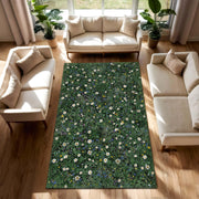 Wildflower Meadow Area Rug with Daisies, Green Botanical Floral Carpet for Living Room, Nature Inspired Floor Art, Cozy Cottage Style