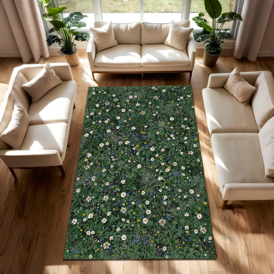 Wildflower Meadow Area Rug with Daisies, Green Botanical Floral Carpet for Living Room, Nature Inspired Floor Art, Cozy Cottage Style