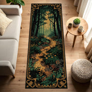 Woodland Forest Path Runner Rug – Vintage Botanical Hallway Carpet, Dark Green Gold Aesthetic, Cottagecore Entryway Decor, Non Slip Washable
