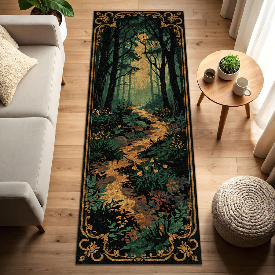 Woodland Forest Path Runner Rug – Vintage Botanical Hallway Carpet, Dark Green Gold Aesthetic, Cottagecore Entryway Decor, Non Slip Washable