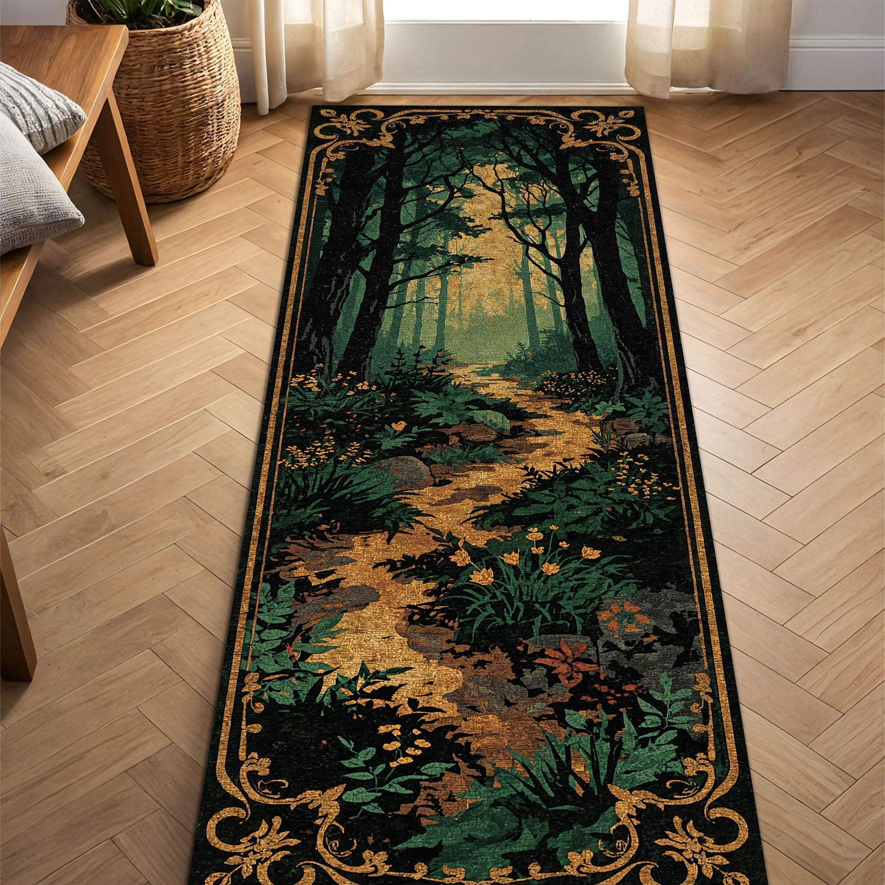 Woodland Forest Path Runner Rug – Vintage Botanical Hallway Carpet, Dark Green Gold Aesthetic, Cottagecore Entryway Decor, Non Slip Washable