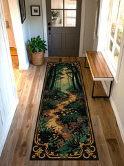 Woodland Forest Path Runner Rug – Vintage Botanical Hallway Carpet, Dark Green Gold Aesthetic, Cottagecore Entryway Decor, Non Slip Washable