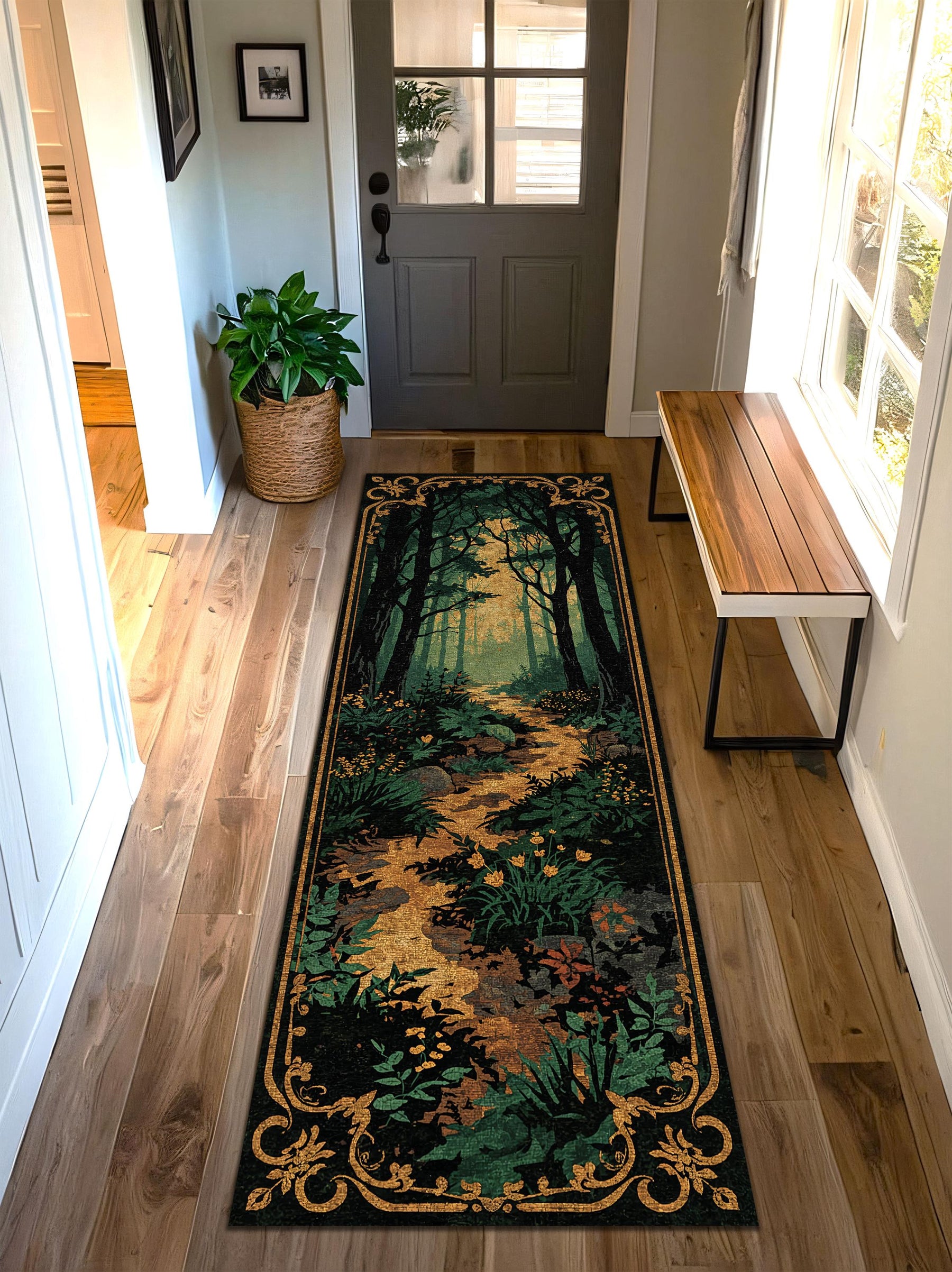 Woodland Forest Path Runner Rug – Vintage Botanical Hallway Carpet, Dark Green Gold Aesthetic, Cottagecore Entryway Decor, Non Slip Washable