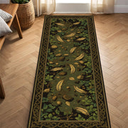 Forest Path Runner Rug – Green Botanical Hallway Carpet with Leaves Feathers & Stones, Rustic Cottagecore Entryway Decor, Nature Inspired