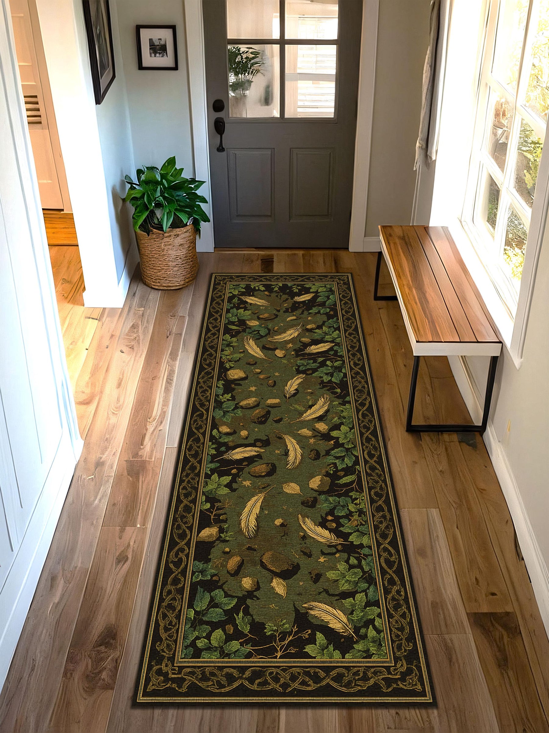Forest Path Runner Rug – Green Botanical Hallway Carpet with Leaves Feathers & Stones, Rustic Cottagecore Entryway Decor, Nature Inspired