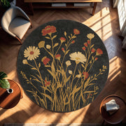 Round Wildflower Rug on Black Botanical Floral Circle Carpet, Vintage Boho Area Rug for Living Room Bedroom, Dark Charcoal Gold Daisy Carpet