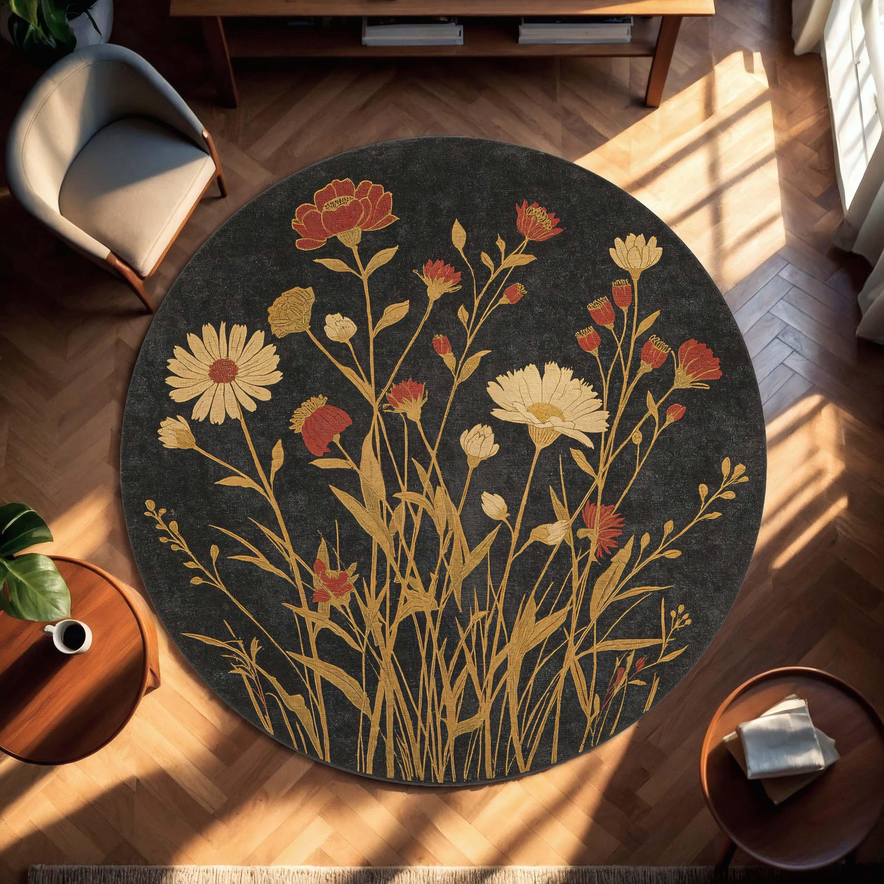 Round Wildflower Rug on Black Botanical Floral Circle Carpet, Vintage Boho Area Rug for Living Room Bedroom, Dark Charcoal Gold Daisy Carpet